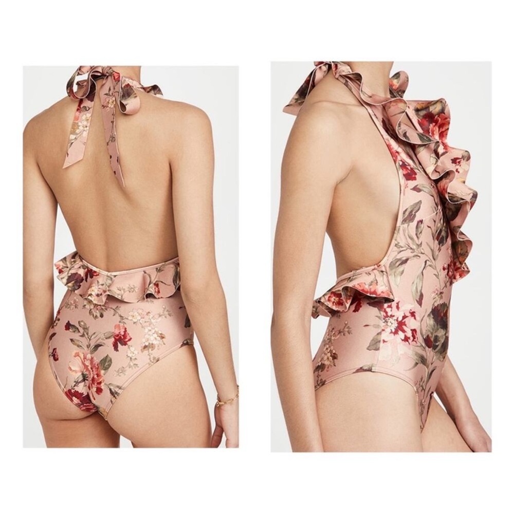 Zimmermann Floral Ruffle One Piece in Pink and Red